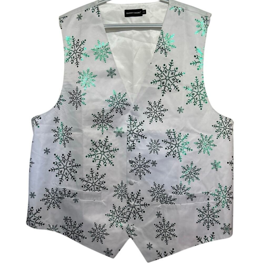 Barry.Wang Men's White Vest Shiny Green Snowflakes Button Front Size‎ XXL